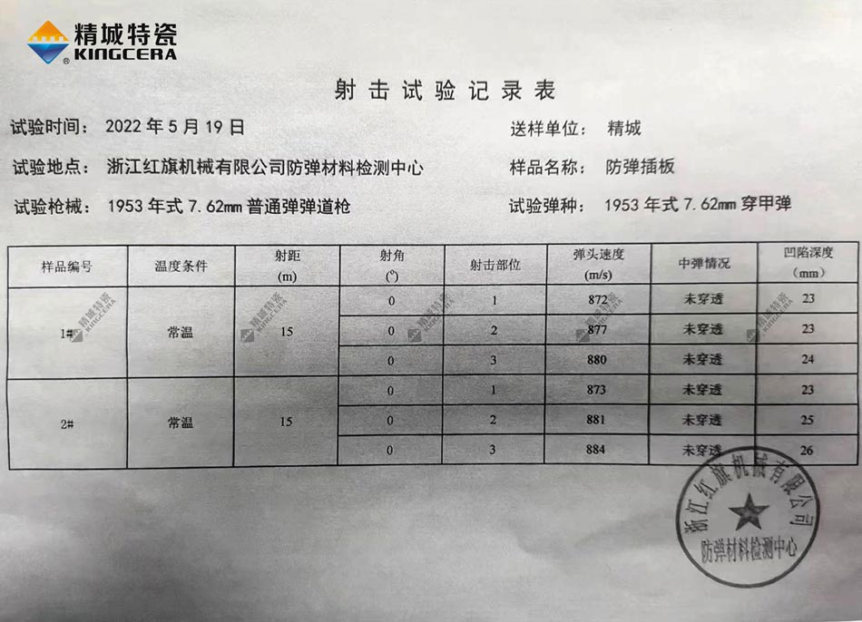 东升国际特瓷氧化铝防弹插板射击试验记录